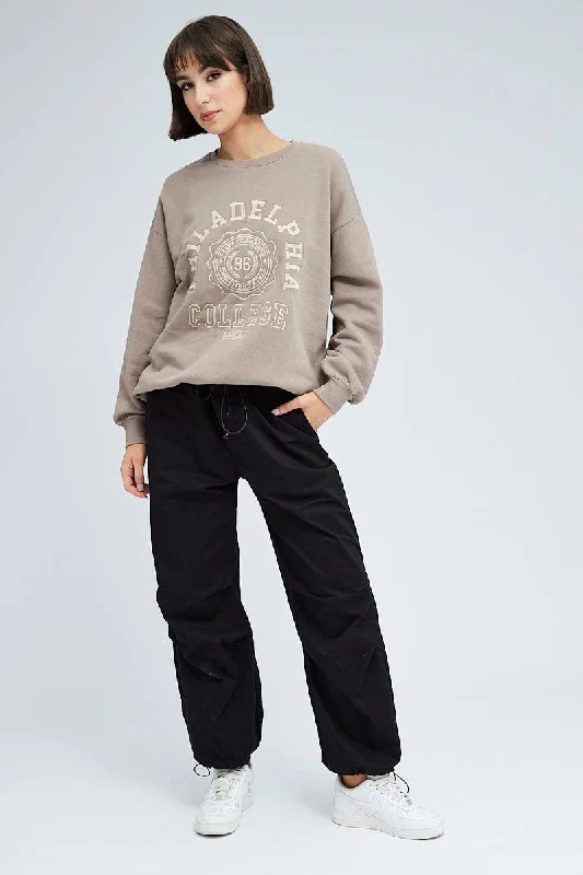 Beige Graphic Tee Long Sleeves