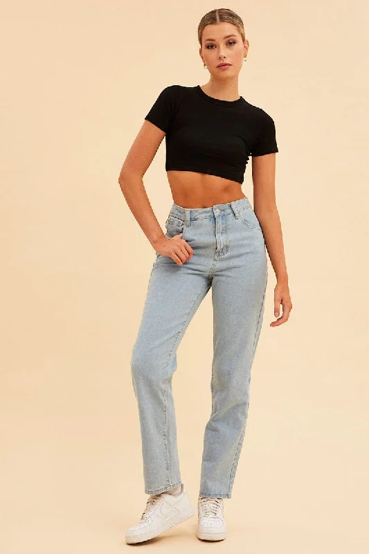 Black Essential Cotton Stretch Short Sleeve Crop T-Shirt