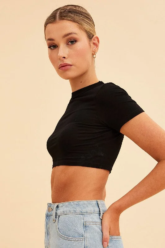 Black Essential Cotton Stretch Short Sleeve Crop T-Shirt