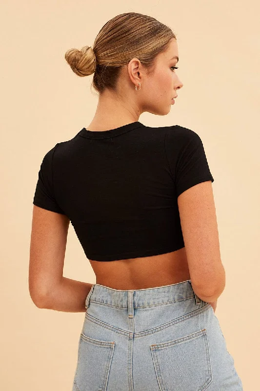 Black Essential Cotton Stretch Short Sleeve Crop T-Shirt