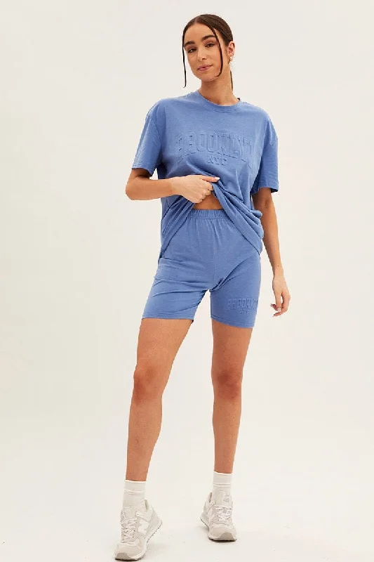 Blue Textured Tee And Biker Shorts Set