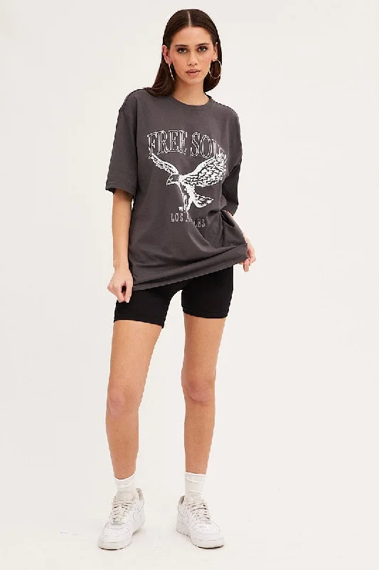 Grey T Shirt Short Sleeve Crew Neck Eagle Cotton