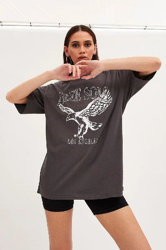 Grey T Shirt Short Sleeve Crew Neck Eagle Cotton