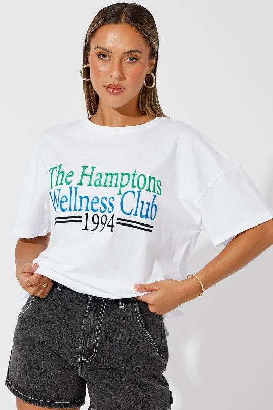 White Embroidered Tee Wellness Club Graphic T-shirt