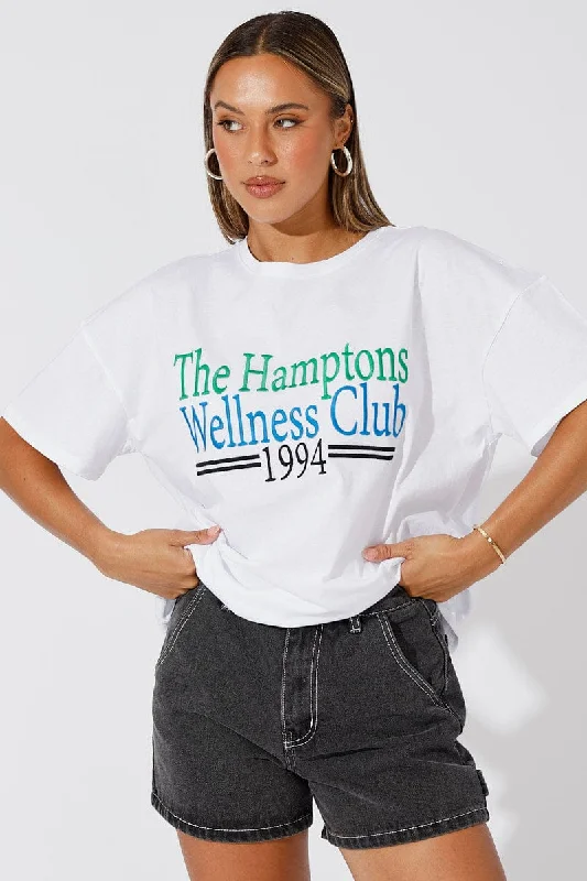 White Embroidered Tee Wellness Club Graphic T-shirt