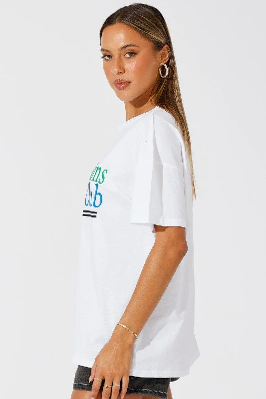 White Embroidered Tee Wellness Club Graphic T-shirt