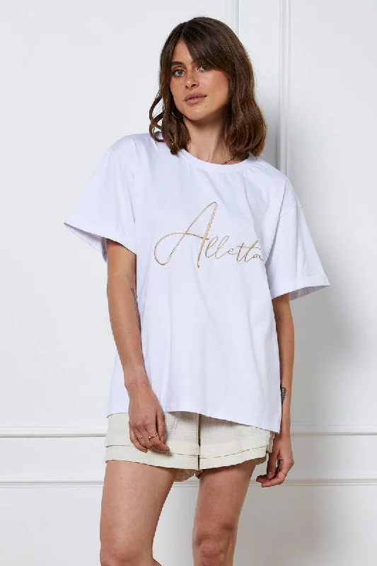 White Graphic T Shirt Short Sleeve Oversized Crew Neck