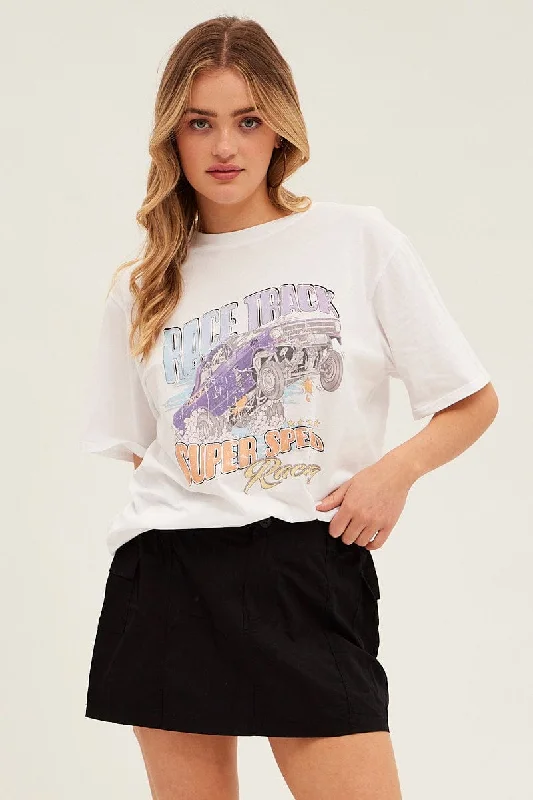 White Graphic Tee Short Sleeve Round Neck Vintage Car