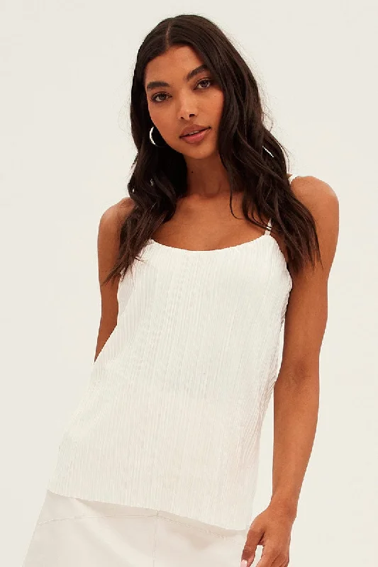 White Plisse Singlet Sleeveless Crop Scoop Neck