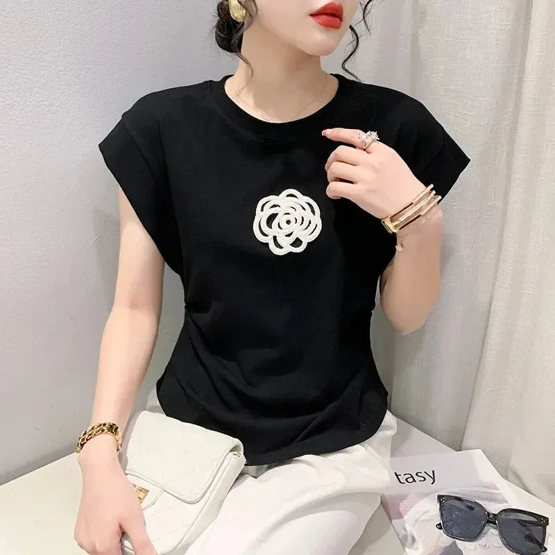 Summer European Clothes Cotton Solid T-Shirt Fashion Sexy Beading Flower Women's