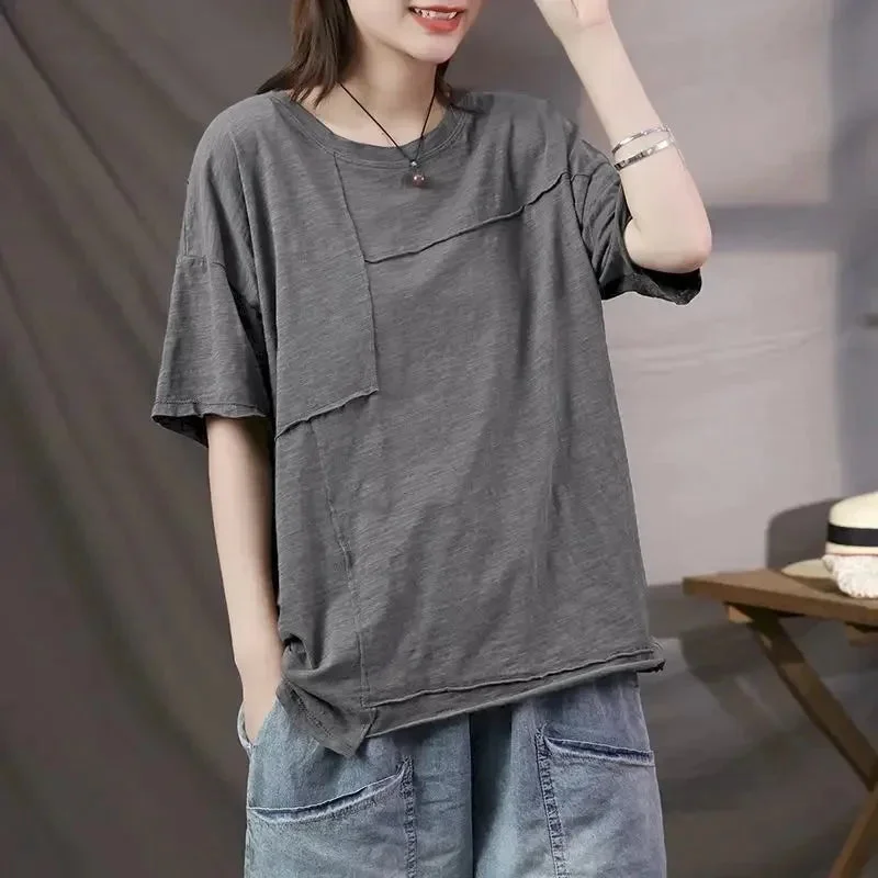 95% Cotton T Shirts Women Solid Color Patchwork Thin T-shirt Casual Loose Short