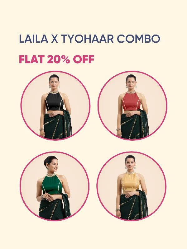 Laila x Tyohaar | Charcoal Black Halterneck FlexiFit™ Saree Blouse with Heavy Golden Gota and Pearl Embellishments Bestseller Combo @ Flat 20% OFF