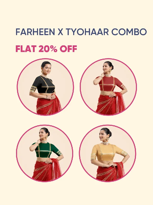 Farheen x Tyohaar | Elbow Sleeves FlexiFit™ Saree Blouse with Back Cut-Out  Bestseller Combo @ Flat 20% OFF