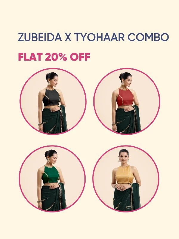 Zubeida x Tyohaar |  Halterneck FlexiFit™ Saree Blouse with Elegant Golden Gota Embellishment Bestseller Combo @ Flat 20% OFF