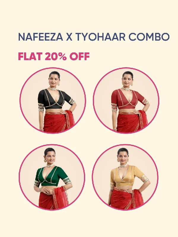 Nafeeza x Tyohaar | Elbow Sleeves FlexiFit™ Saree Blouse with Plunging V Neckline & Golden Gota Lace Bestseller Combo @ Flat 20% OFF