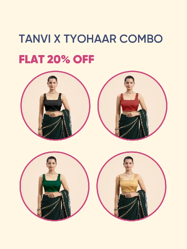 Tanvi x Tyohaar | Sleeveless FlexiFit™ Saree Blouse with Square Front Neck & Golden Gota Lace Bestseller Combo @ Flat 20% OFF