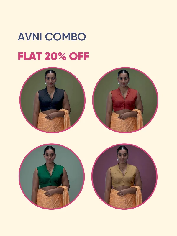 Avni x Rozaana | Bottle Green Sleeveless FlexiFit™ Saree Blouse with Elegant Shawl Collar Bestseller Combo @ 20% OFF