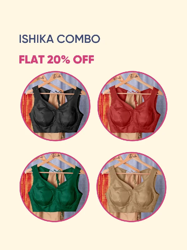 Ishika x Rozaana | Sleeveless FlexiFit™ Saree Blouse with Beetle Leaf Neckline and Back Cut-out with Tie-Up Bestseller Combo @ 20% OFF