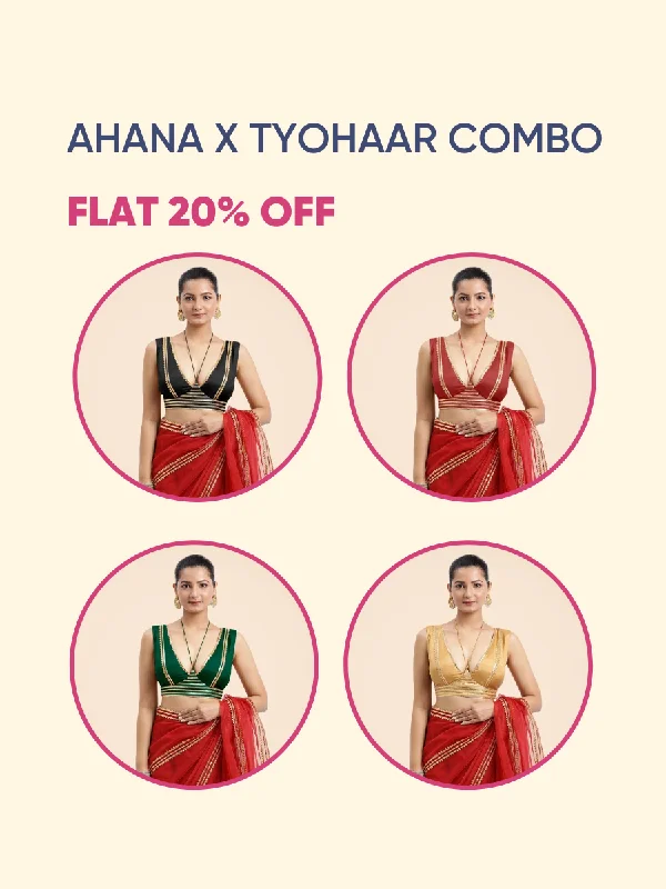 Ahana x Tyohaar | Sleeveless FlexiFit™ Saree Blouse with Plunging Neckline and Back Cut Out with Tasteful Golden Gota Besseller Combo @ Flast 20% OFF