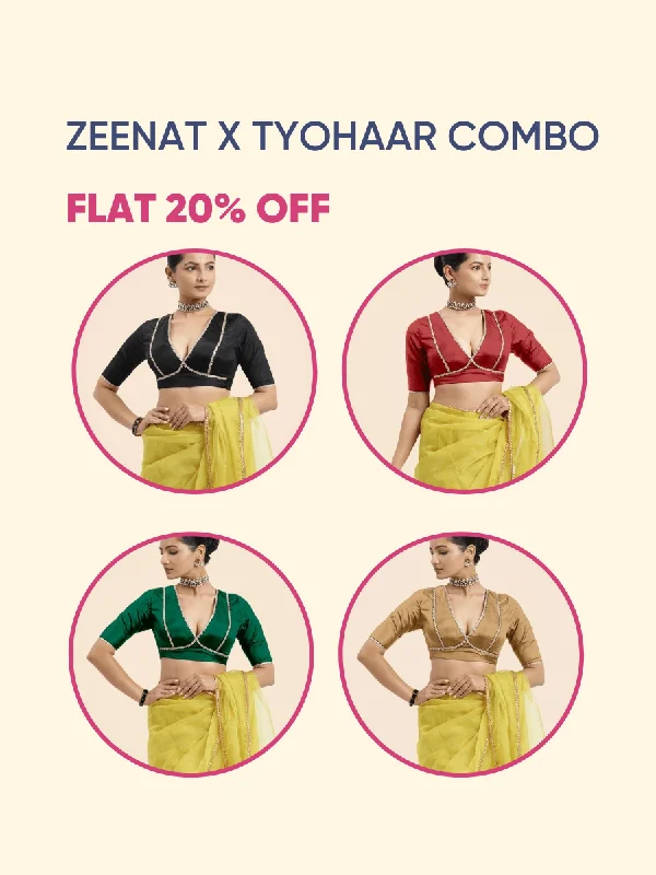 Zeenat x Tyohaar | Gold Saree Blouse w/ FlexiFit™ and Golden Gota Lace Bestseller Combo @ Flat 20% OFF