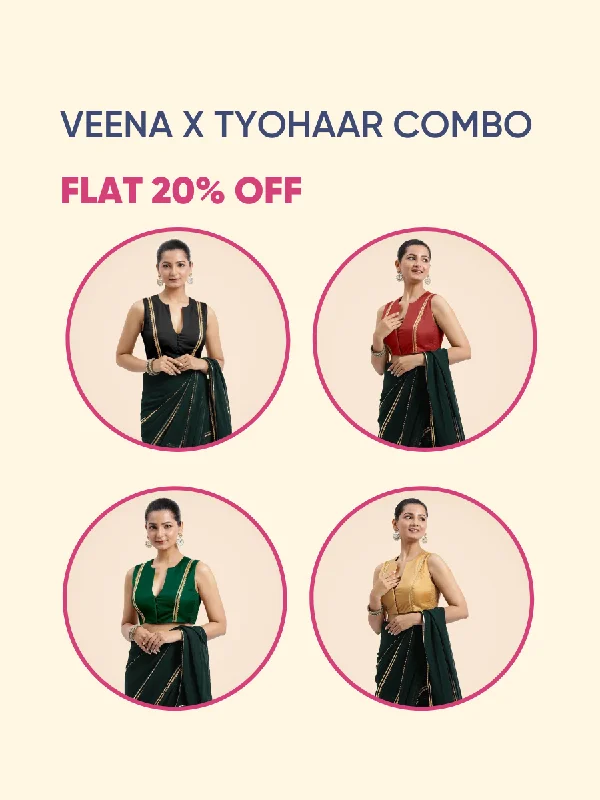 Veena x Tyohaar | Sleeveless FlexiFit™ Saree Blouse with Front Open Closed Neckline & Golden Gota Lace Bestseller Combo @ 20% OFF