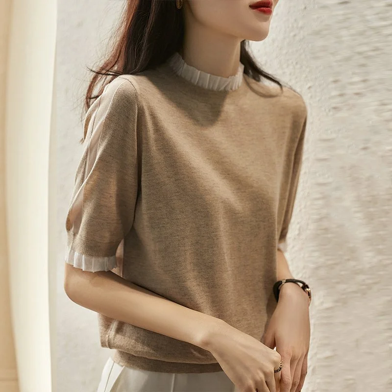 Beige Camel Cotton-Blend Short Sleeve Knitted Paneled Cocoon Shirts & Tops