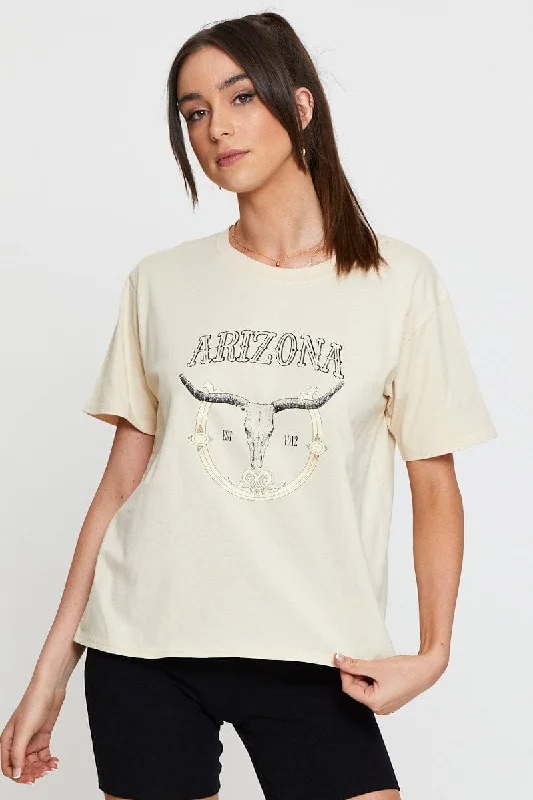 Beige Graphic T Shirt Short Sleeve