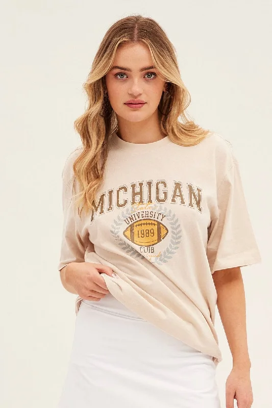 Beige Graphic T-Shirt Varsity Short Sleeve Oversized