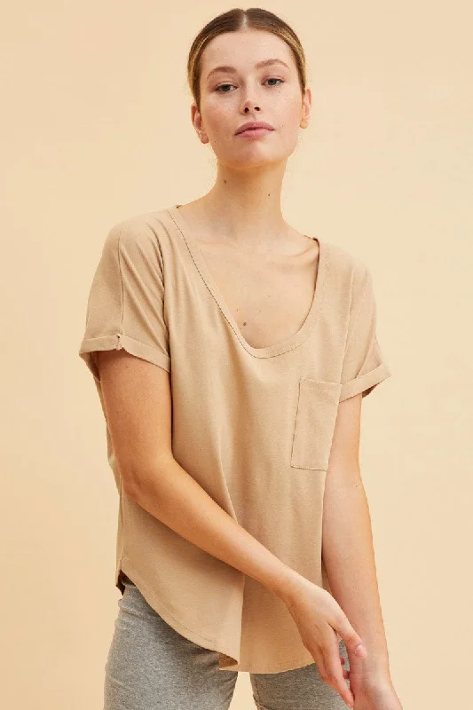 Beige Pocket Tee Scoop Neck Cotton Stretch Short Sleeve