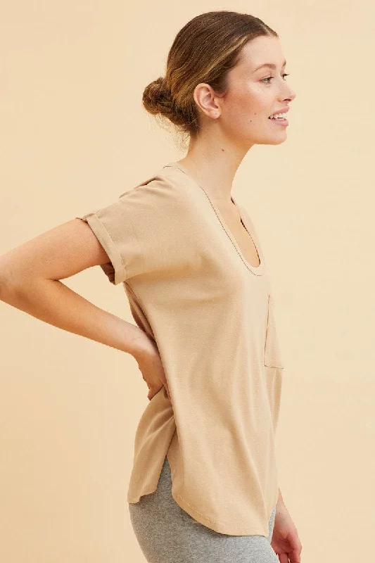 Beige Pocket Tee Scoop Neck Cotton Stretch Short Sleeve