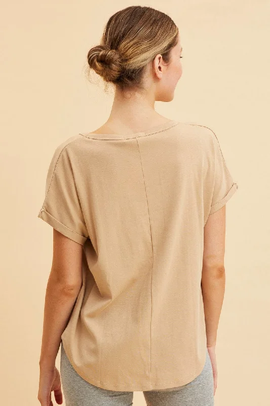 Beige Pocket Tee Scoop Neck Cotton Stretch Short Sleeve