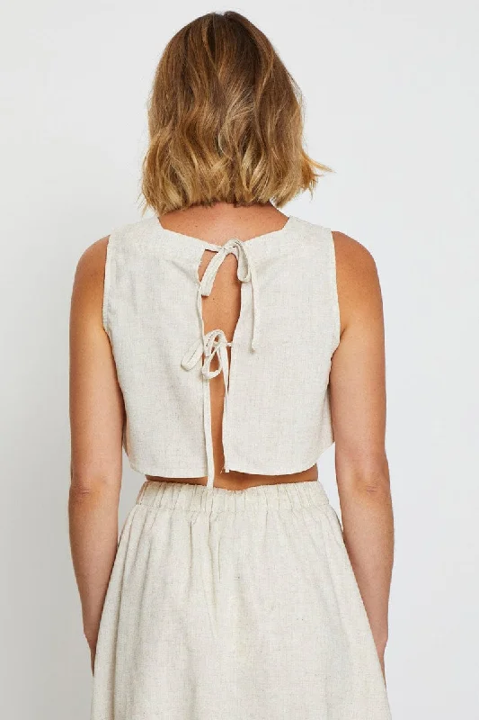 Beige Singlet Top Sleeveless Crop Linen