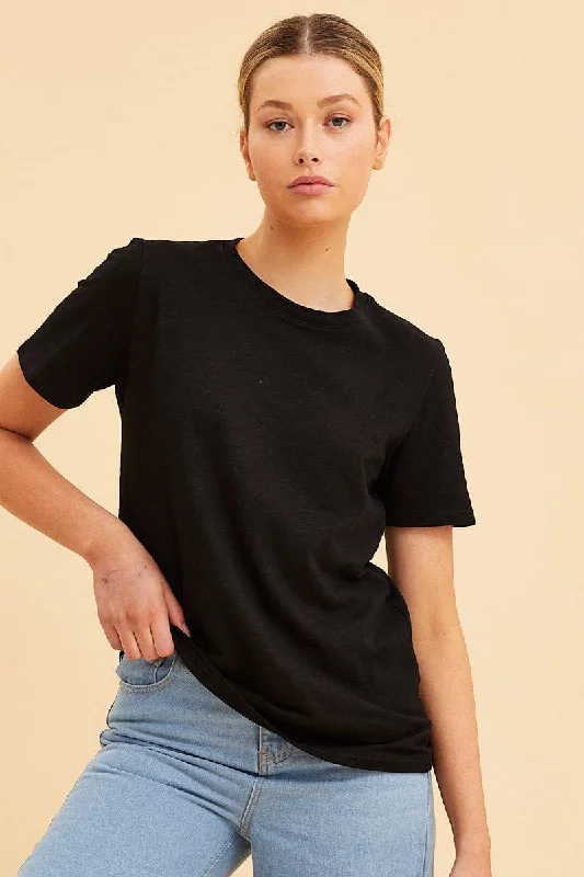 Black Cotton T-Shirt Slub Crew Neck Regular Fit