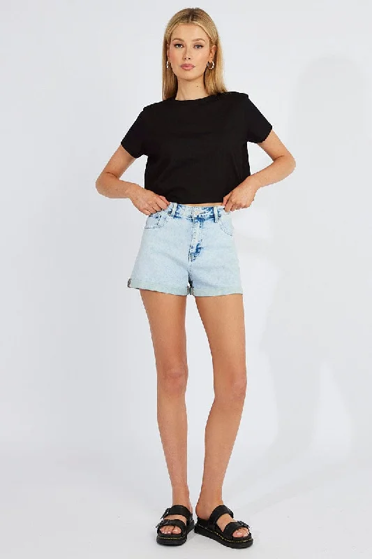 Black Crop T Shirt Short Sleeve Crew Neck