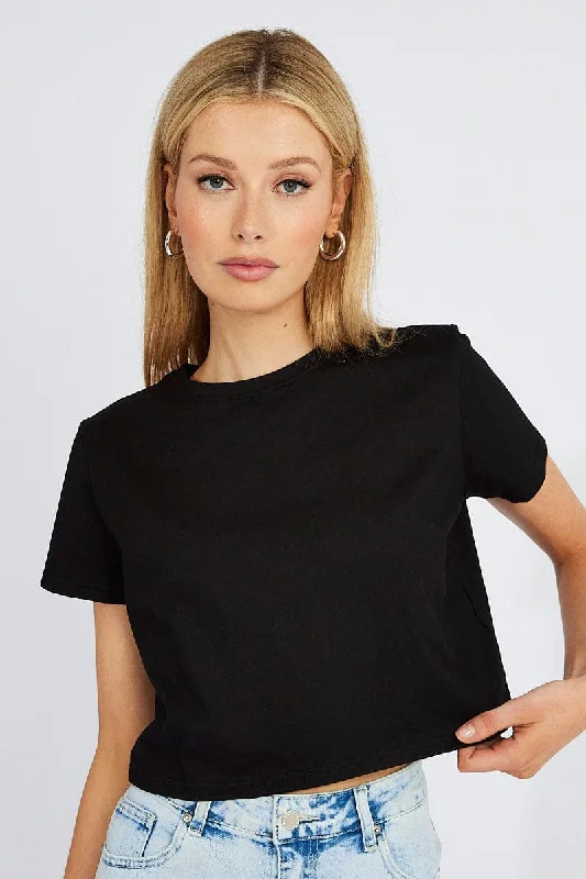 Black Crop T Shirt Short Sleeve Crew Neck