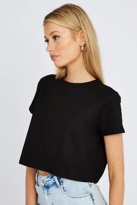 Black Crop T Shirt Short Sleeve Crew Neck