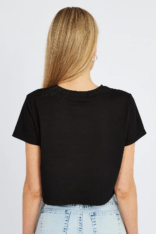 Black Crop T Shirt Short Sleeve Crew Neck