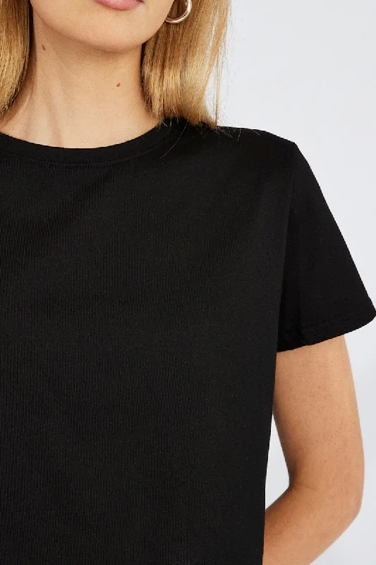 Black Crop T Shirt Short Sleeve Crew Neck