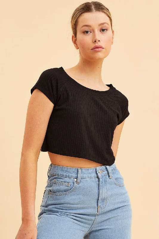 Black Cropped T-Shirt Wide Rib Crew Neck Short Sleeve