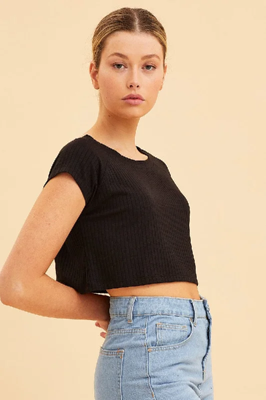 Black Cropped T-Shirt Wide Rib Crew Neck Short Sleeve