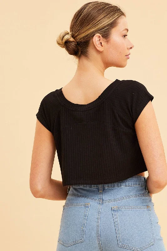 Black Cropped T-Shirt Wide Rib Crew Neck Short Sleeve