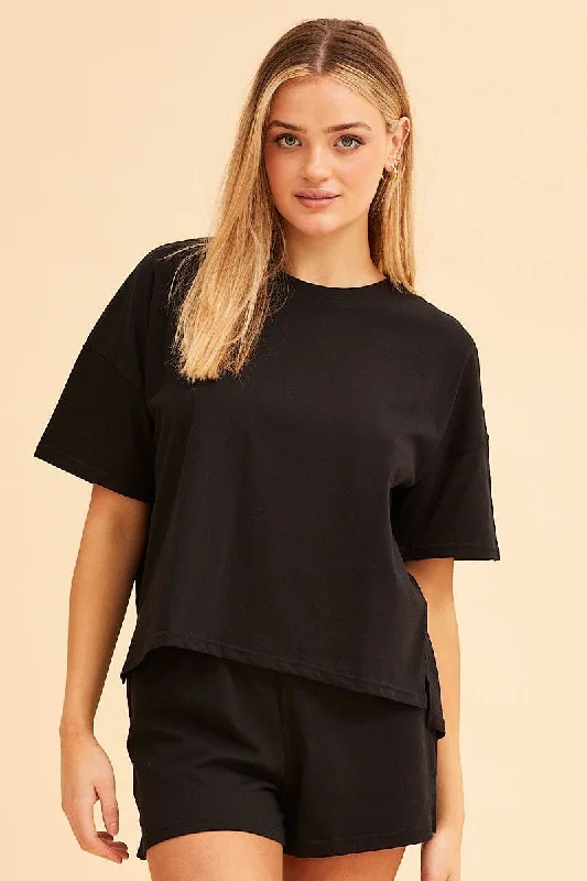 Black Jamie Curved Hem Crew Neck Tee