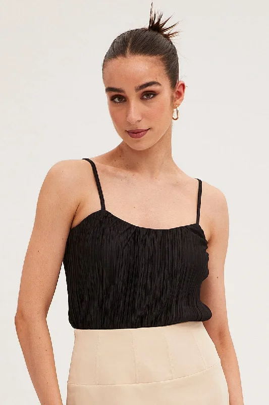 Black Plisse Singlet Sleeveless Crop Scoop Neck