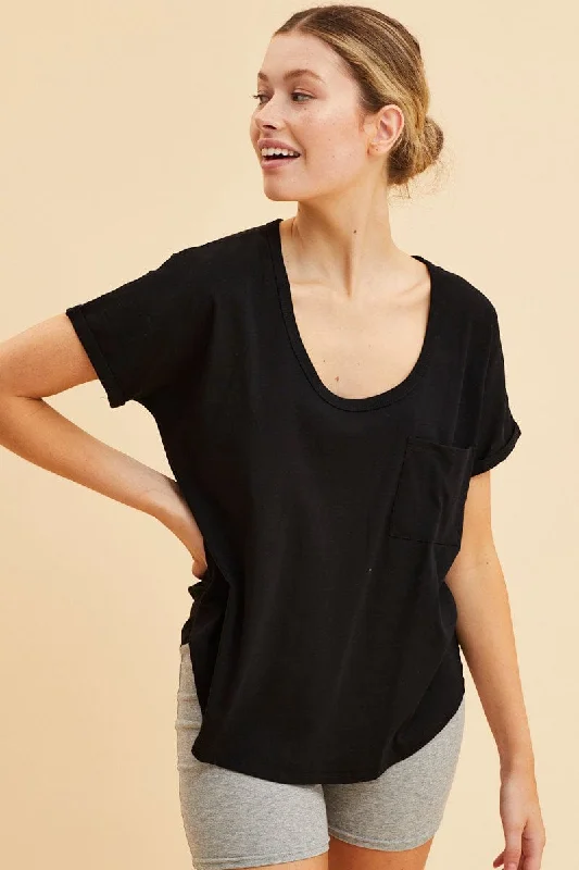 Black Pocket Tee Scoop Neck Cotton Stretch Short Sleeve