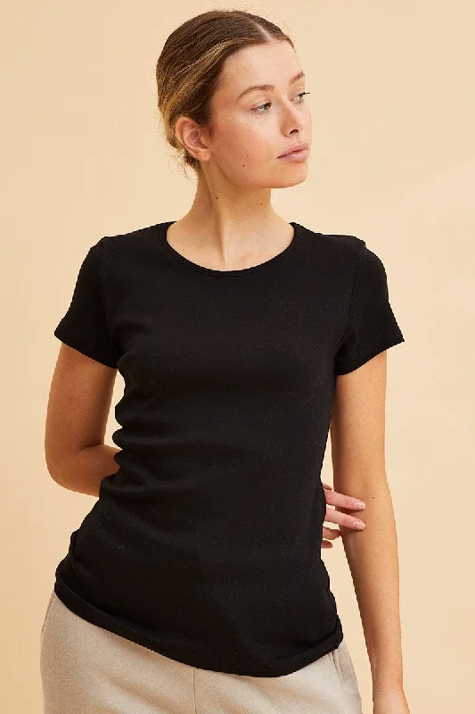 Black Rib T-Shirt Crew Neck Short Sleeve