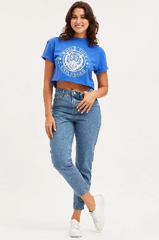 Blue Graphic T Shirt Short Sleeve Crop