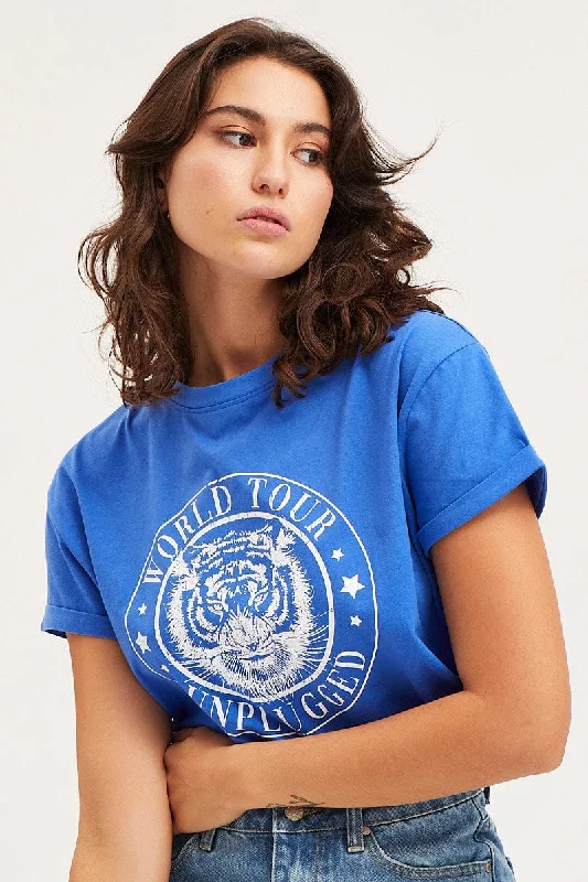 Blue Graphic T Shirt Short Sleeve Crop