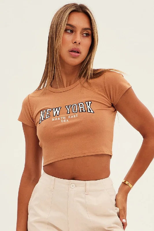 Brown Baby Tee Short Sleeve Crop Round Neck