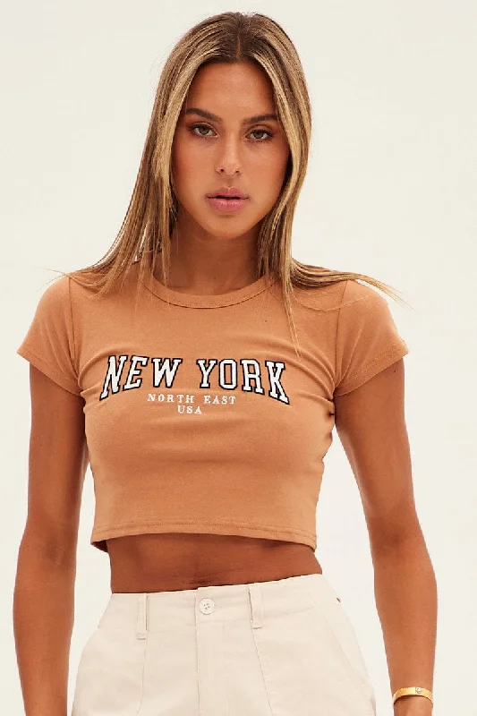 Brown Baby Tee Short Sleeve Crop Round Neck