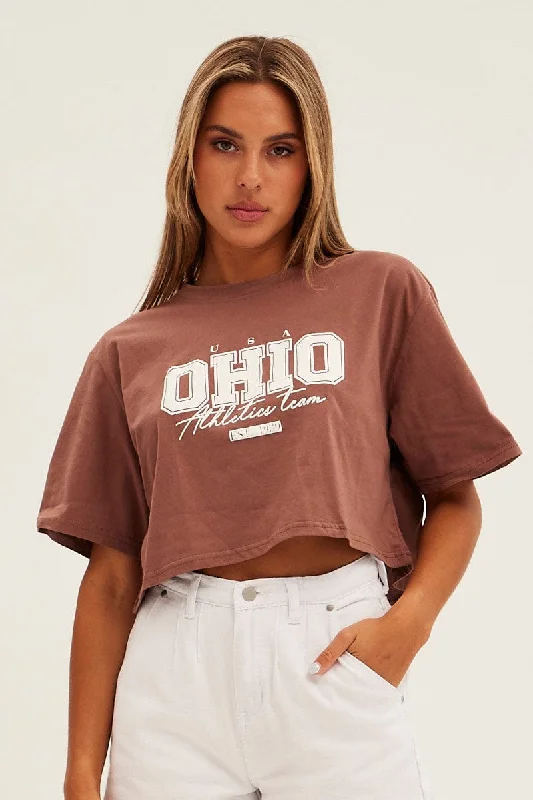 Brown Graphic T-Shirt Ohio Crew Short Sleeve